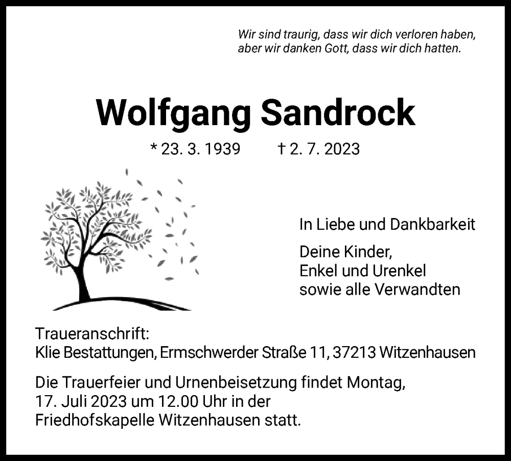  Traueranzeige für Wolfgang Sandrock vom 08.07.2023 aus HNA