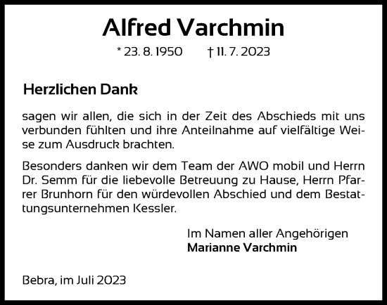 Traueranzeige von Alfred Varchmin von HNA