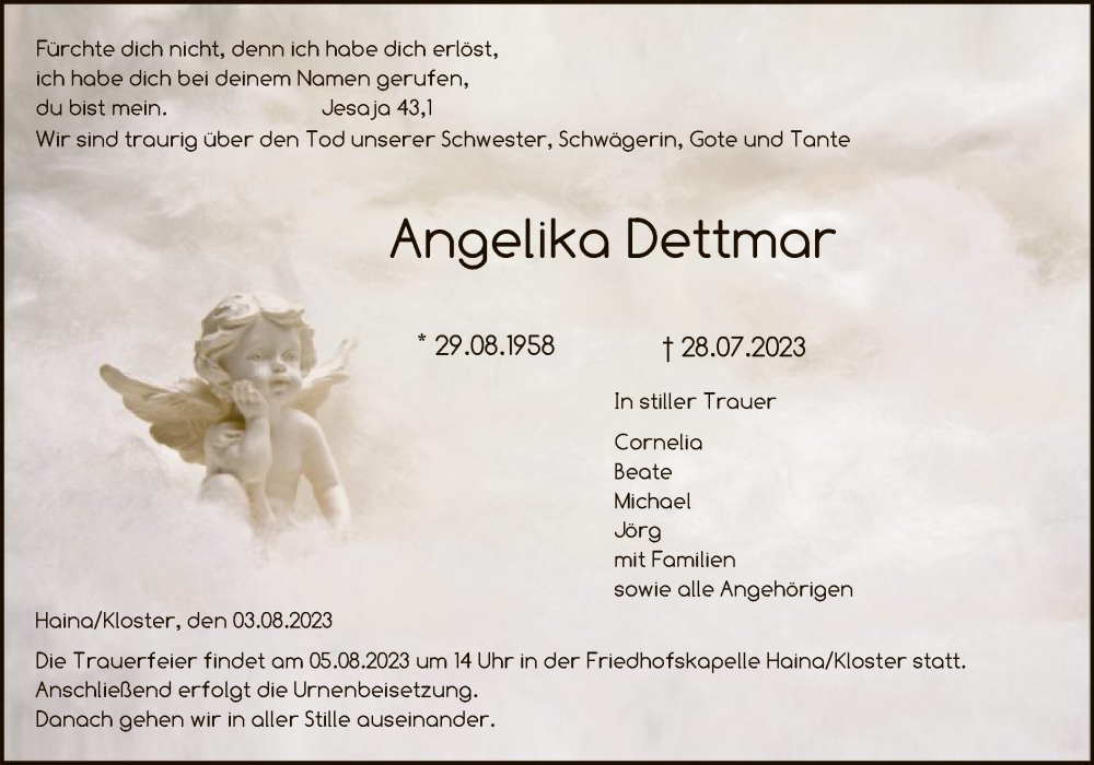  Traueranzeige für Angelika Dettmar vom 04.08.2023 aus HNA