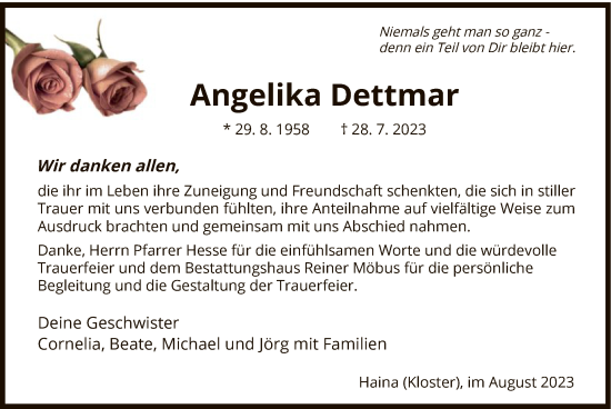 Traueranzeige von Angelika Dettmar von HNA