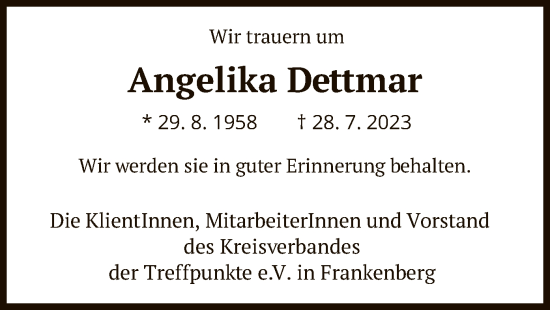 Traueranzeige von Angelika Dettmar von HNA