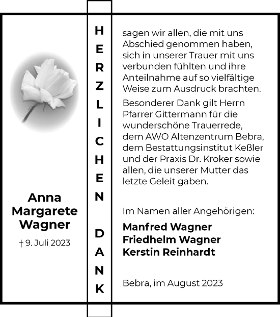 Traueranzeige von Anna Margarete Wagner von HNA