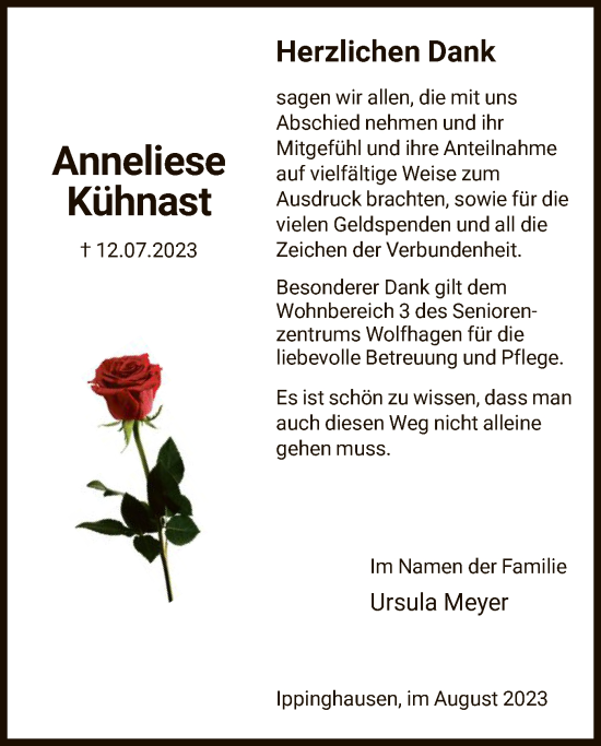 Traueranzeige von Anneliese Kühnast von HNA
