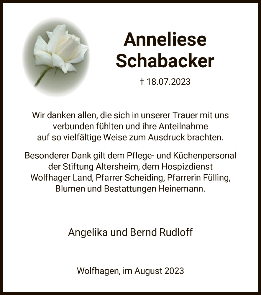  Traueranzeige für Anneliese Schabacker vom 05.08.2023 aus HNA