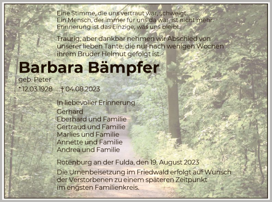 Traueranzeige von Barbara Bämpfer von HNA