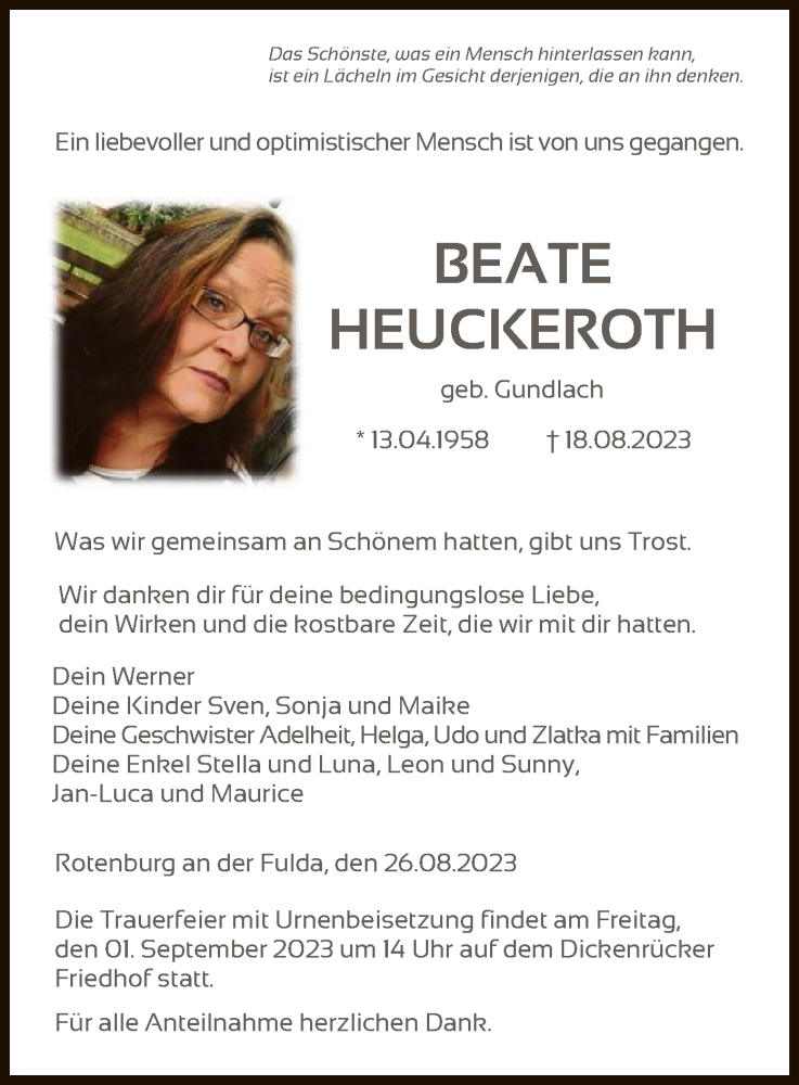  Traueranzeige für Beate Heuckeroth vom 26.08.2023 aus HNAHNAHNA