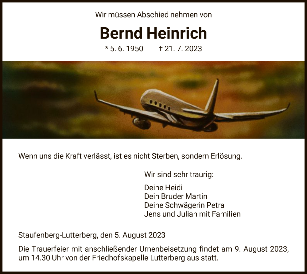 Traueranzeige für Bernd Heinrich vom 05.08.2023 aus HNA