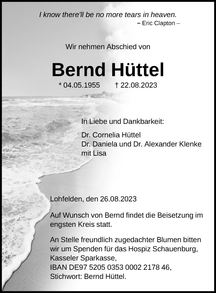  Traueranzeige für Bernd Hüttel vom 26.08.2023 aus HNA