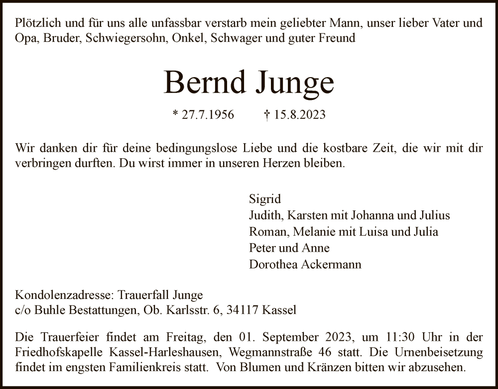  Traueranzeige für Bernd Junge vom 26.08.2023 aus HNA