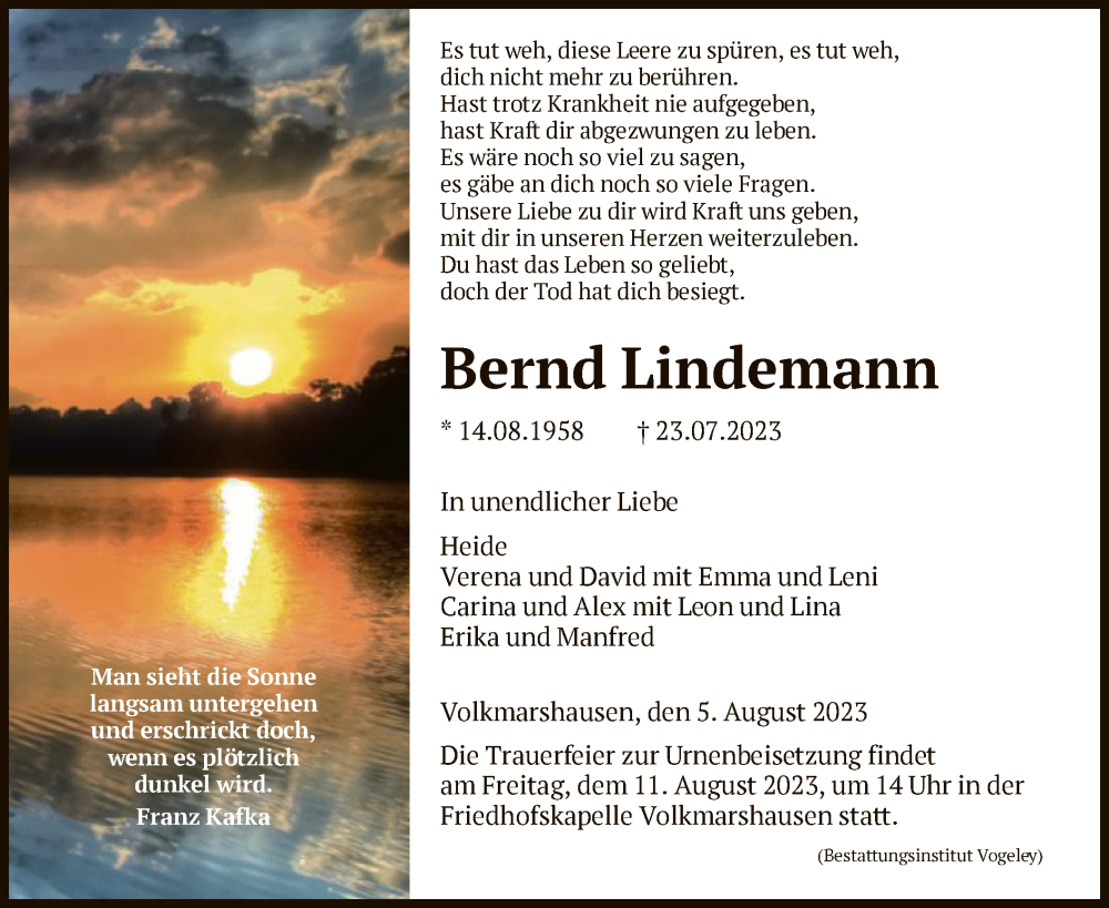  Traueranzeige für Bernd Lindemann vom 05.08.2023 aus HNA
