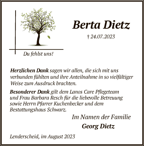 Traueranzeige von Berta Dietz von HNA