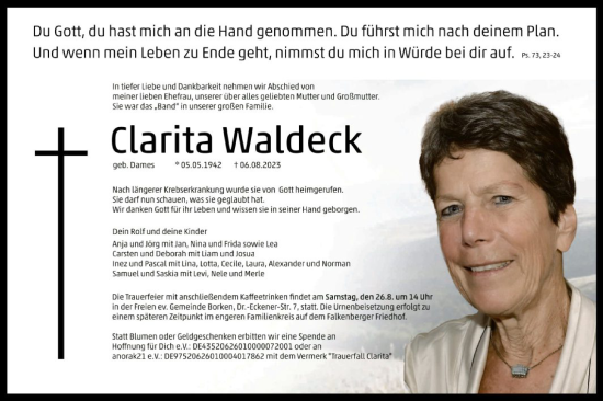 Traueranzeige von Clarita Waldeck von HNA