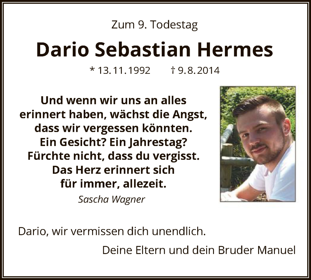  Traueranzeige für Dario Sebastian Hermes vom 05.08.2023 aus HNA