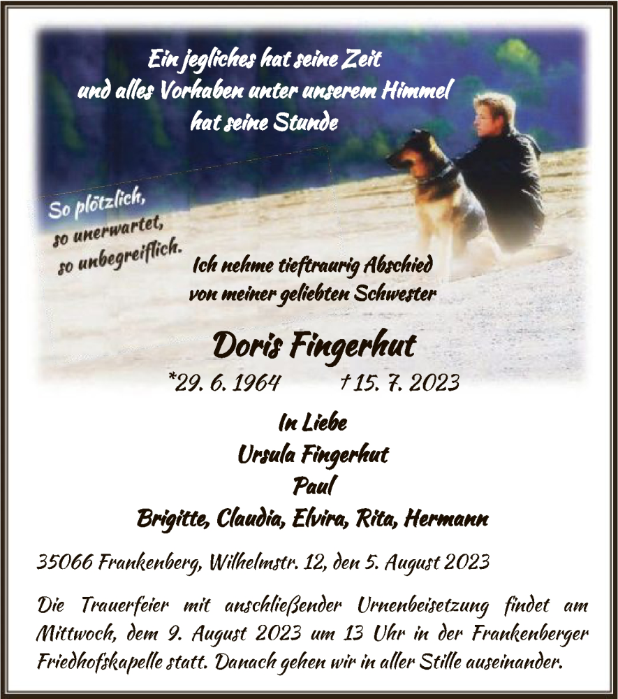  Traueranzeige für Doris Fingerhut vom 05.08.2023 aus HNA