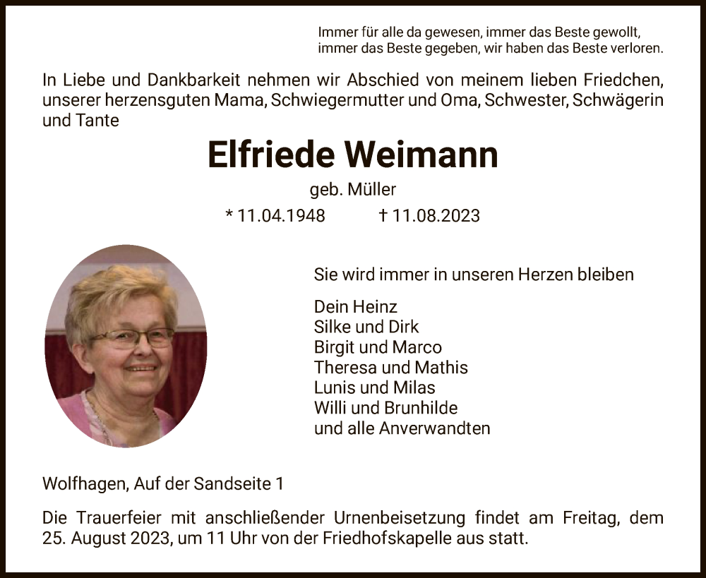  Traueranzeige für Elfriede Weimann vom 19.08.2023 aus HNA