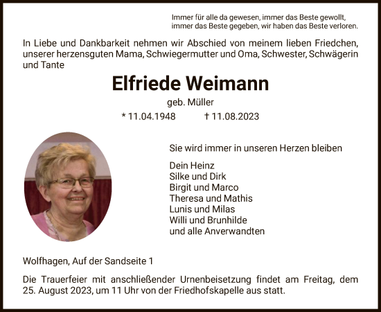 Traueranzeige von Elfriede Weimann von HNA