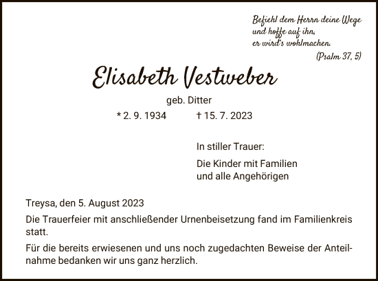 Traueranzeige von Elisabeth Vestweber von HNA