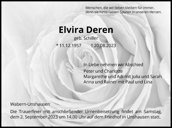 Traueranzeige von Elvira Deren von HNA