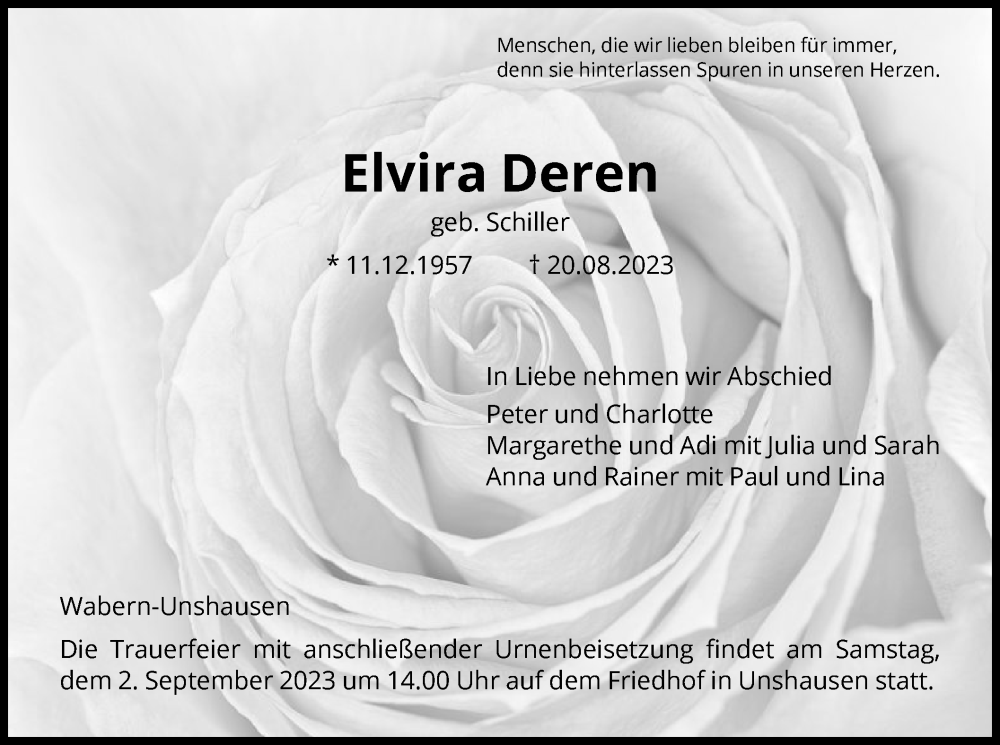  Traueranzeige für Elvira Deren vom 30.08.2023 aus HNA