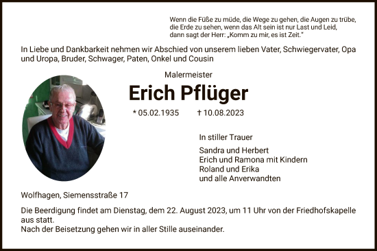 Traueranzeige von Erich Pflüger von HNA