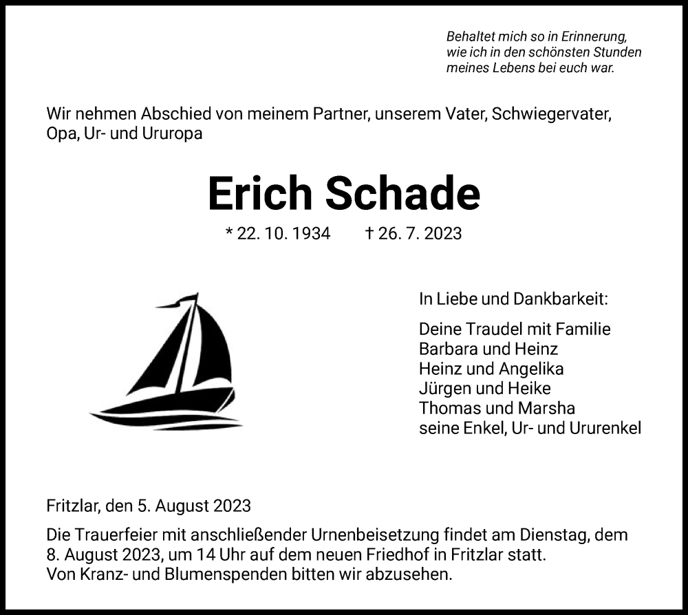  Traueranzeige für Erich Schade vom 05.08.2023 aus HNA