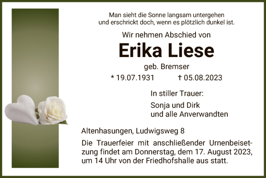 Traueranzeige von Erika Liese von HNA