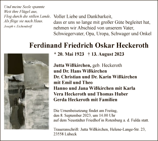 Traueranzeige von Ferdinand Friedrich Oskar Heckeroth von HNA