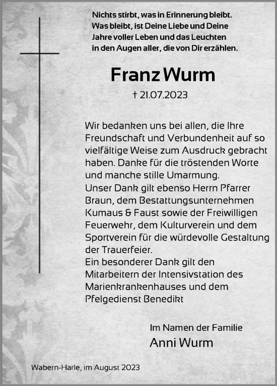 Traueranzeige von Franz Wurm von HNA