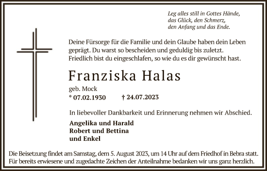 Traueranzeige von Franziska Halas von HNA