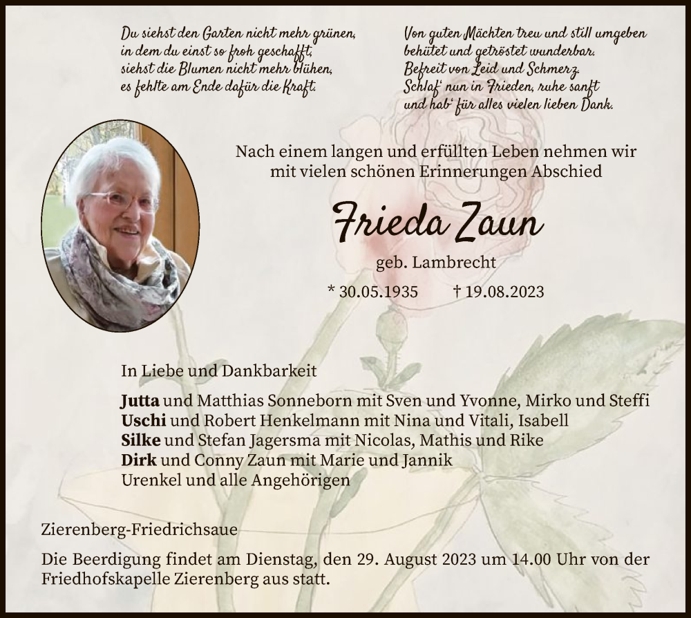  Traueranzeige für Frieda Zaun vom 25.08.2023 aus HNA