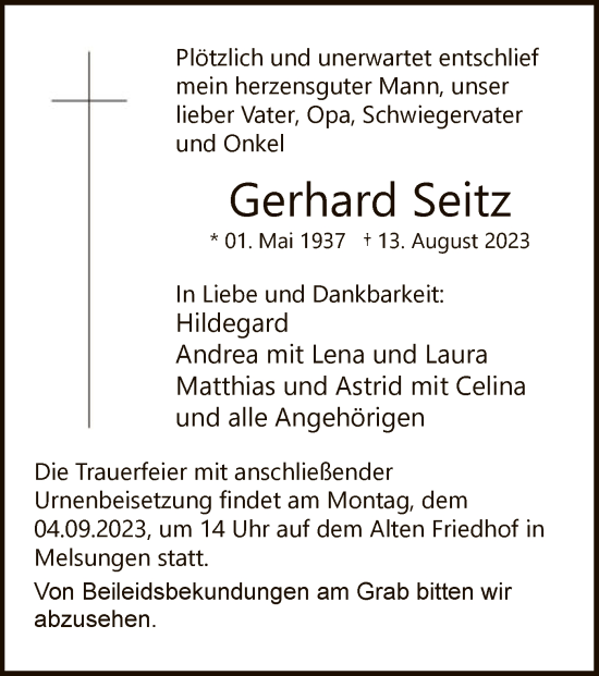 Traueranzeige von Gerhard Seitz von HNA