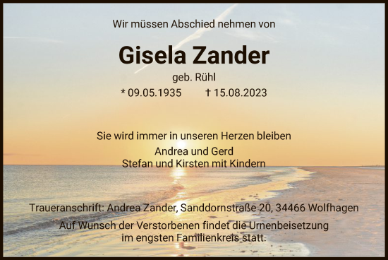 Traueranzeige von Gisela Zander von HNA
