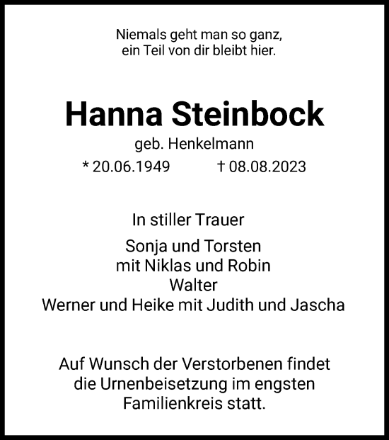Traueranzeige von Hanna Steinbock von HNA
