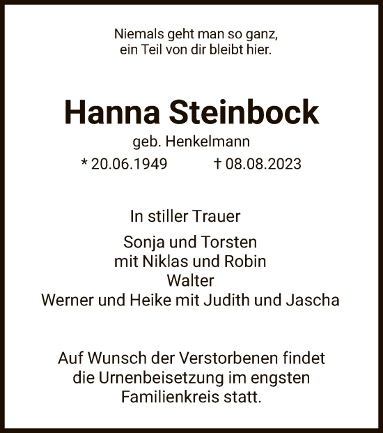 Traueranzeige von Hanna Steinbock von HNA