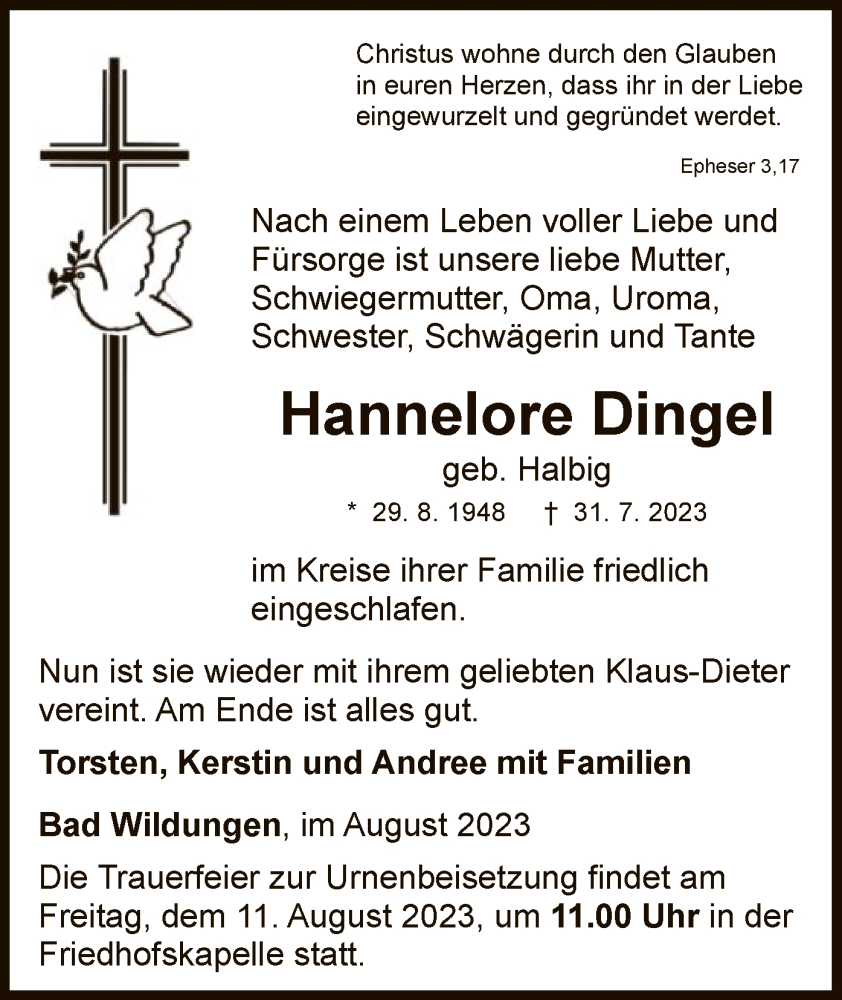  Traueranzeige für Hannelore Dingel vom 05.08.2023 aus HNA