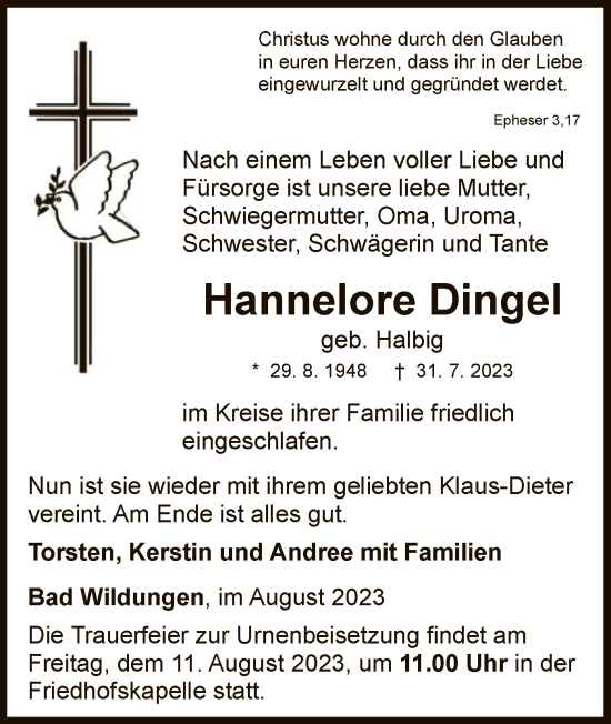 Traueranzeige von Hannelore Dingel von HNA