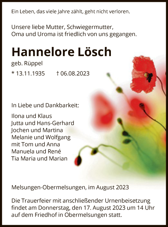 Traueranzeige von Hannelore Lösch von HNA