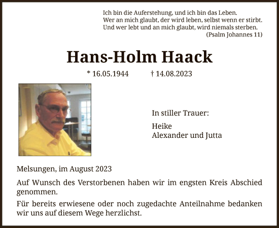 Traueranzeige von Hans-Holm Haack von HNA