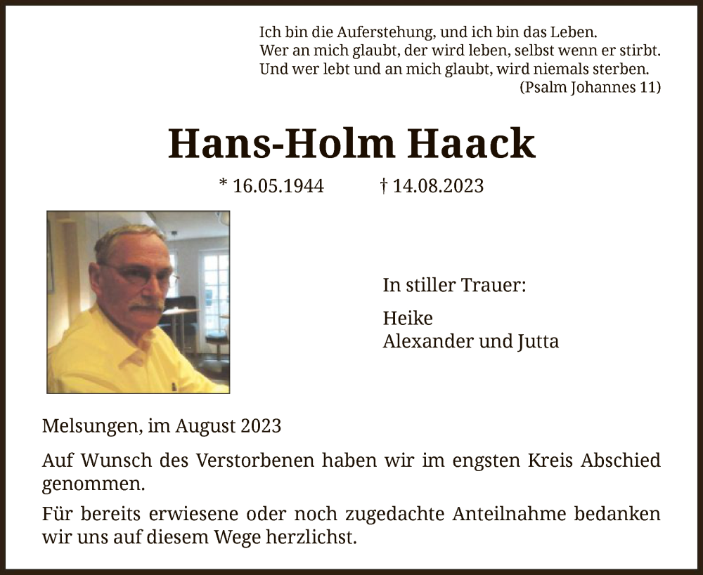  Traueranzeige für Hans-Holm Haack vom 26.08.2023 aus HNA