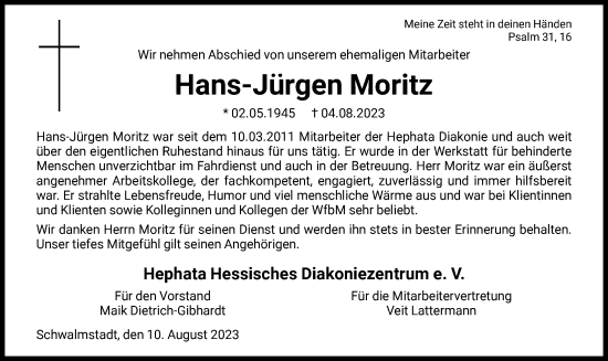 Traueranzeige von Hans-Jürgen Moritz von HNA