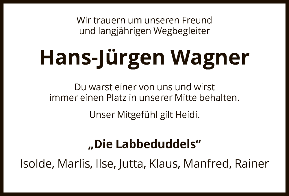  Traueranzeige für Hans-Jürgen Wagner vom 26.08.2023 aus HNA