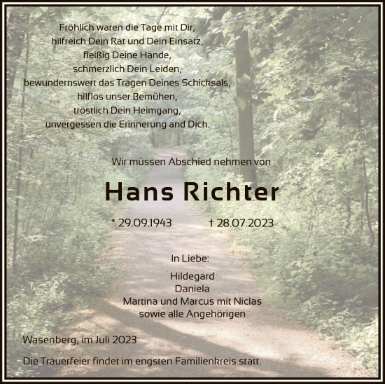 Traueranzeige von Hans Richter von HNA