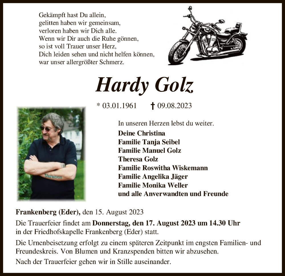  Traueranzeige für Hardy Golz vom 15.08.2023 aus HNA