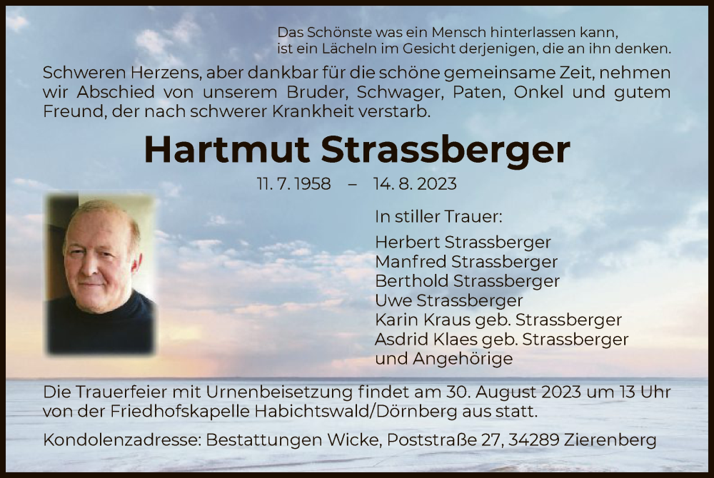  Traueranzeige für Hartmut Strassberger vom 26.08.2023 aus HNA