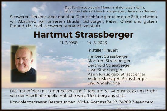 Traueranzeige von Hartmut Strassberger von HNA