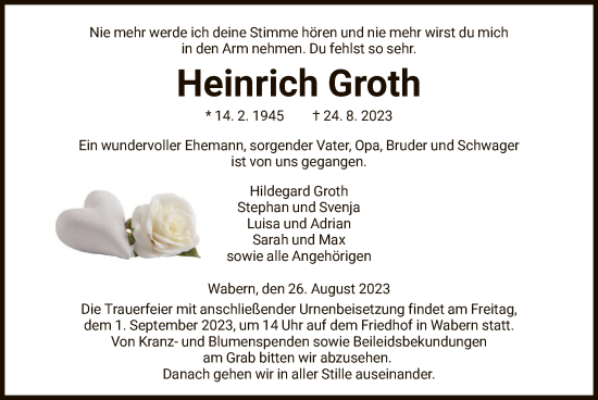 Traueranzeige von Heinrich Groth von HNA