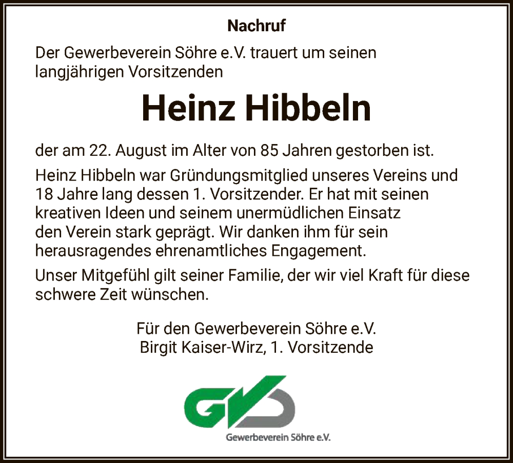  Traueranzeige für Heinz Hibbeln vom 26.08.2023 aus HNA