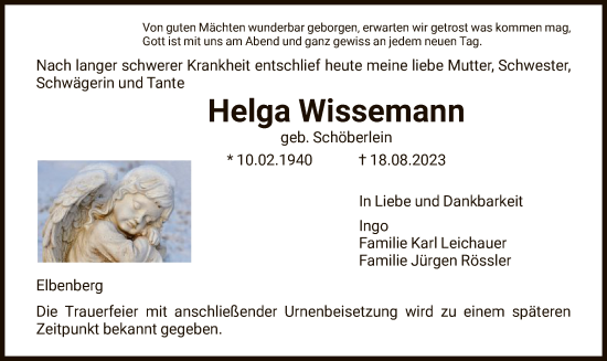 Traueranzeige von Helga Wissemann von HNA