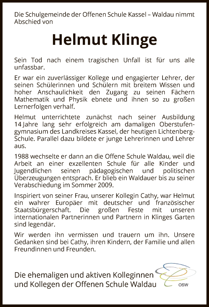  Traueranzeige für Helmut Klinge vom 05.08.2023 aus HNA