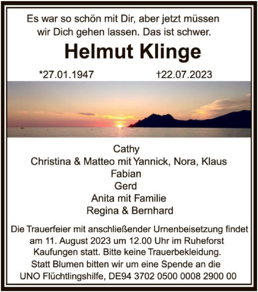  Traueranzeige für Helmut Klinge vom 05.08.2023 aus HNA